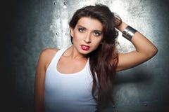 Beautiful Young Woman In A Rock Style Stock Photography