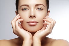 Beautiful young woman with perfect clean shiny skin, natural fashion makeup. Close-up woman, fresh spa look Stock Photos Beautiful young woman with perfect clean shiny skin, natural fashion makeup. Close-up woman, fresh spa look Stock Photos