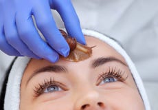 Beautiful young woman with a snail ahatin on her face in a beauty salon. stock photography Beautiful young woman with a snail ahatin on her face in a beauty salon. stock photography