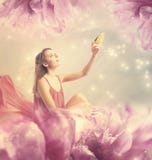 Beautiful Young Woman With Small Butterfly Stock Photos Beautiful Young Woman With Small Butterfly Stock Photos