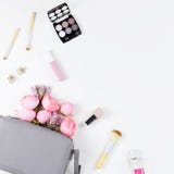 Beauty Blog Concept Flat Lay. Fashion Accessories, Flowers, Cosmetics, Jewelry, Copyspace. Royalty Free Stock Image Beauty Blog Concept Flat Lay. Fashion Accessories, Flowers, Cosmetics, Jewelry, Copyspace. Royalty Free Stock Image