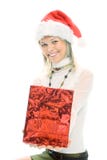 Beauty blonde girl in santa cap with christmas gift Stock Image Beauty blonde girl in santa cap with christmas gift Stock Image