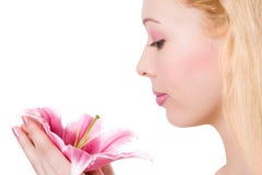 Beauty Blonde Spa Girl With Pink Lily Stock Photography