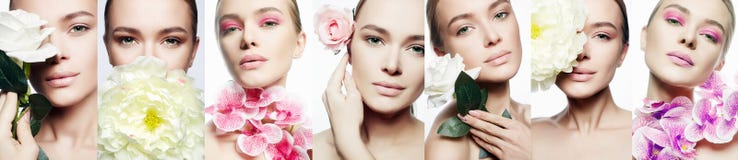 Beauty collage. Woman with Make-up and Flowers royalty free stock photos Beauty collage. Woman with Make-up and Flowers royalty free stock photos