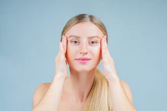 Facial treatment. Beautiful woman with clean perfect skin touch own face stock image Facial treatment. Beautiful woman with clean perfect skin touch own face stock image