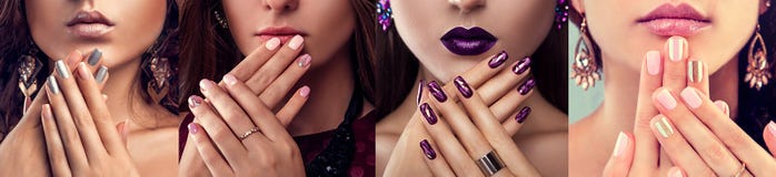 Beauty fashion model with different make-up and nail art design wearing jewelry. Set of manicure. Four stylish looks