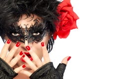 Beauty Fashion Woman With Elegant Mask. Red Lips And Manicure Stock Photo Beauty Fashion Woman With Elegant Mask. Red Lips And Manicure Stock Photo