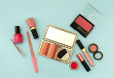 Beauty Flat Lay With Woman Make Up Products And Accessories In Pink Colour Royalty Free Stock Photos