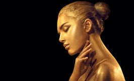 Beauty Sexy Woman With Golden Skin. Fashion Art Portrait Closeup. Model Girl With Shiny Golden Professional Makeup Stock Image Beauty Sexy Woman With Golden Skin. Fashion Art Portrait Closeup. Model Girl With Shiny Golden Professional Makeup Stock Image