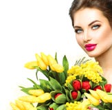 Beauty woman with spring flowers bouquet royalty free stock image Beauty woman with spring flowers bouquet royalty free stock image