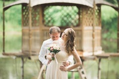 Beaux couples dans l'amour s'embrassant sur le mariage de jour, se tenant en parc dehors près du lac Photographie stock Beaux couples dans l'amour s'embrassant sur le mariage de jour, se tenant en parc dehors près du lac Photographie stock