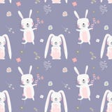 Beaux lapins en coeurs et fleurs Modèle sans couture puéril mignon dans le style de bande dessinée illustration de vecteur Beaux lapins en coeurs et fleurs Modèle sans couture puéril mignon dans le style de bande dessinée illustration de vecteur