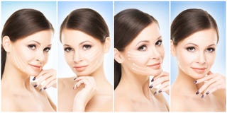 Beaux, sains et jeunes portraits femelles Collage de différents visages de femmes Levage de visage, soins de la peau, chirurgie p images libres de droits Beaux, sains et jeunes portraits femelles Collage de différents visages de femmes Levage de visage, soins de la peau, chirurgie p images libres de droits