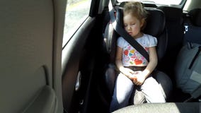 Bebê que dorme no carro na maneira Dorme a criança na cadeira traseira no automóvel vídeos de arquivo Bebê que dorme no carro na maneira Dorme a criança na cadeira traseira no automóvel vídeos de arquivo