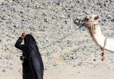 Bedouin woman in black robes leads a camel on a leash. stock photos Bedouin woman in black robes leads a camel on a leash. stock photos