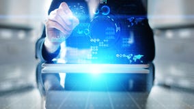 Bedrijfsinformatie Marketing strategie de toepassing van de Handelinvestering op het virtuele scherm Het concept van de technolog stock illustratie Bedrijfsinformatie Marketing strategie de toepassing van de Handelinvestering op het virtuele scherm Het concept van de technolog stock illustratie