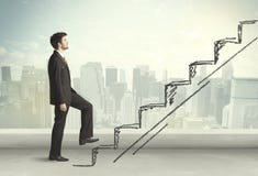 Bedrijfsmens die omhoog op hand getrokken trapconcept beklimmen