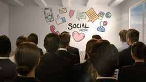 Bedrijfsmensen die het digitale scherm bekijken die sociale media tonen royalty-vrije illustratie Bedrijfsmensen die het digitale scherm bekijken die sociale media tonen royalty-vrije illustratie