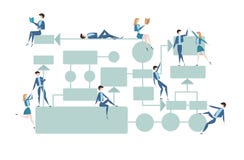 Bedrijfsstroomschema, het diagram van het procesbeheer met businessmans en businesswomans karakters Vectorillustratie stock illustratie Bedrijfsstroomschema, het diagram van het procesbeheer met businessmans en businesswomans karakters Vectorillustratie stock illustratie