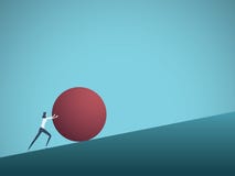 Bedrijfsuitdagings vectorconcept met onderneemster als helling van de sisyphus duwende rots Symbool van moeilijkheid, ambitie stock illustratie Bedrijfsuitdagings vectorconcept met onderneemster als helling van de sisyphus duwende rots Symbool van moeilijkheid, ambitie stock illustratie