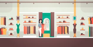 Bedrijfsvrouw die op nieuwe kledings elegante vrouw proberen die de markt van de winkel het vrouwelijke kleren van de spiegelmani vector illustratie Bedrijfsvrouw die op nieuwe kledings elegante vrouw proberen die de markt van de winkel het vrouwelijke kleren van de spiegelmani vector illustratie