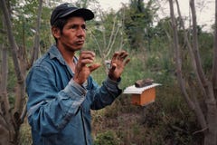 bee keeper and proud coffee farm owner explaining how his hive react to temperature change stock photo bee keeper and proud coffee farm owner explaining how his hive react to temperature change stock photo
