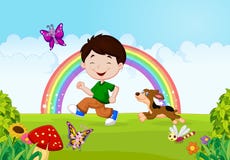 Beeldverhaal een jongen die met zijn huisdier lopen stock illustratie Beeldverhaal een jongen die met zijn huisdier lopen stock illustratie