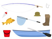 Beeldverhaal visserijfaciliteiten, toebehorenvisser vector illustratie Beeldverhaal visserijfaciliteiten, toebehorenvisser vector illustratie