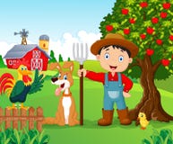 Beeldverhaal weinig jongen en hond in het landbouwbedrijf vector illustratie Beeldverhaal weinig jongen en hond in het landbouwbedrijf vector illustratie