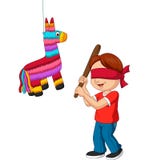 Beeldverhaaljongen die pinataspel raken stock illustratie Beeldverhaaljongen die pinataspel raken stock illustratie