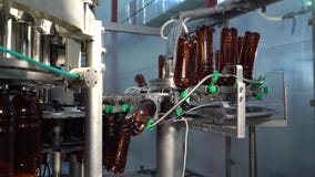 Beer. Production and bottling of beverages carbonated lemonade, soda or beer in plastic bottles on automatic conveyor on
