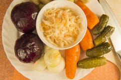 Beetroot salad known as Vinaigrette and ingredients: beetroots, carrots, onion royalty free stock images Beetroot salad known as Vinaigrette and ingredients: beetroots, carrots, onion royalty free stock images
