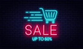 Begrepp för Sale neontecken, försäljnings- och rabatt Ljust och glödande neontecken för e-kommers, annonsering, baner, affischtav stock illustrationer Begrepp för Sale neontecken, försäljnings- och rabatt Ljust och glödande neontecken för e-kommers, annonsering, baner, affischtav stock illustrationer