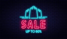 Begrepp för Sale neontecken, försäljnings- och rabatt Ljust och glödande neontecken för e-kommers, annonsering, baner, affischtav stock illustrationer Begrepp för Sale neontecken, försäljnings- och rabatt Ljust och glödande neontecken för e-kommers, annonsering, baner, affischtav stock illustrationer