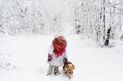 Behandla som ett barn flickan i röd halsduk med den lilla hunden i en vinterskog royaltyfri bild Behandla som ett barn flickan i röd halsduk med den lilla hunden i en vinterskog royaltyfri bild
