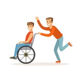 Behinderter junger Mann im Rollstuhl, lächelnder Freund oder Freiwilliger, die ihm helfen, Gesundheitswesenunterstützung und Zugä vektor abbildung Behinderter junger Mann im Rollstuhl, lächelnder Freund oder Freiwilliger, die ihm helfen, Gesundheitswesenunterstützung und Zugä vektor abbildung