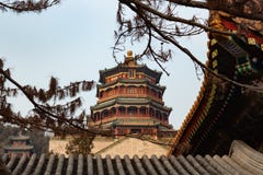 BEIJING, CHINA - DEC 25, 2017: New summer palace of Beijing framed with brunches and buildings stock image BEIJING, CHINA - DEC 25, 2017: New summer palace of Beijing framed with brunches and buildings stock image