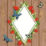 Beira do diamante da morango Ilustra??o do vetor do quadro de texto da morango com folhas, flores e borboletas no fundo de madeir ilustração stock Beira do diamante da morango Ilustra??o do vetor do quadro de texto da morango com folhas, flores e borboletas no fundo de madeir ilustração stock