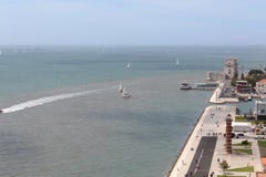 Aerial view of Belem tower - Torre de Belem in Lisbon, Portugal. Europe, castle. Royalty Free Stock Photo Aerial view of Belem tower - Torre de Belem in Lisbon, Portugal. Europe, castle. Royalty Free Stock Photo
