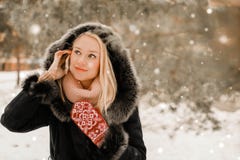 Bella bionda che parla sul telefono nell'inverno fotografie stock Bella bionda che parla sul telefono nell'inverno fotografie stock