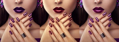 Bella donna con i gioielli d'uso differenti del manicure e di trucco Tre varianti degli sguardi alla moda Fotografia Stock Bella donna con i gioielli d'uso differenti del manicure e di trucco Tre varianti degli sguardi alla moda Fotografia Stock