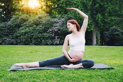 Bella donna incinta che fa yoga prenatale sulla natura all'aperto immagine stock libera da diritti Bella donna incinta che fa yoga prenatale sulla natura all'aperto immagine stock libera da diritti