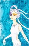 Bella giovane ragazza cyber in vestiti di cuoio bianchi stretti, indossando un casco con le cuffie e una vista su un blu astratto royalty illustrazione gratis Bella giovane ragazza cyber in vestiti di cuoio bianchi stretti, indossando un casco con le cuffie e una vista su un blu astratto royalty illustrazione gratis
