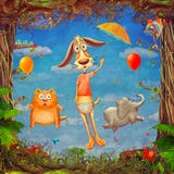 Bella scena del terreno boscoso del telaio della molla con gli animali svegli in cielo nuvoloso royalty illustrazione gratis Bella scena del terreno boscoso del telaio della molla con gli animali svegli in cielo nuvoloso royalty illustrazione gratis