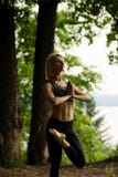 Bella yoga facente bionda in un colpo del parco di estate Fotografia Stock Bella yoga facente bionda in un colpo del parco di estate Fotografia Stock