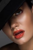 belle femme sensuelle avec le maquillage posant dans le chapeau de feutre noir image libre de droits belle femme sensuelle avec le maquillage posant dans le chapeau de feutre noir image libre de droits