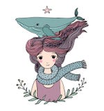 Bello marinaio della ragazza con una balena in suoi capelli Animali di mare royalty illustrazione gratis Bello marinaio della ragazza con una balena in suoi capelli Animali di mare royalty illustrazione gratis