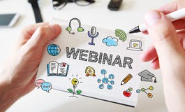 Bemant het concept van Webinar van de handtekening op notitieboekje royalty-vrije stock afbeelding Bemant het concept van Webinar van de handtekening op notitieboekje royalty-vrije stock afbeelding