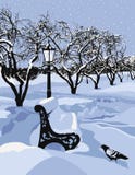 Bench in a park and snowy weather
