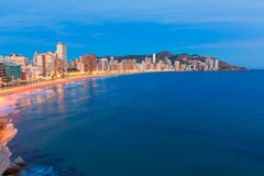 Benidorm het strand van playade Levante van zonsondergangalicante royalty-vrije stock foto Benidorm het strand van playade Levante van zonsondergangalicante royalty-vrije stock foto